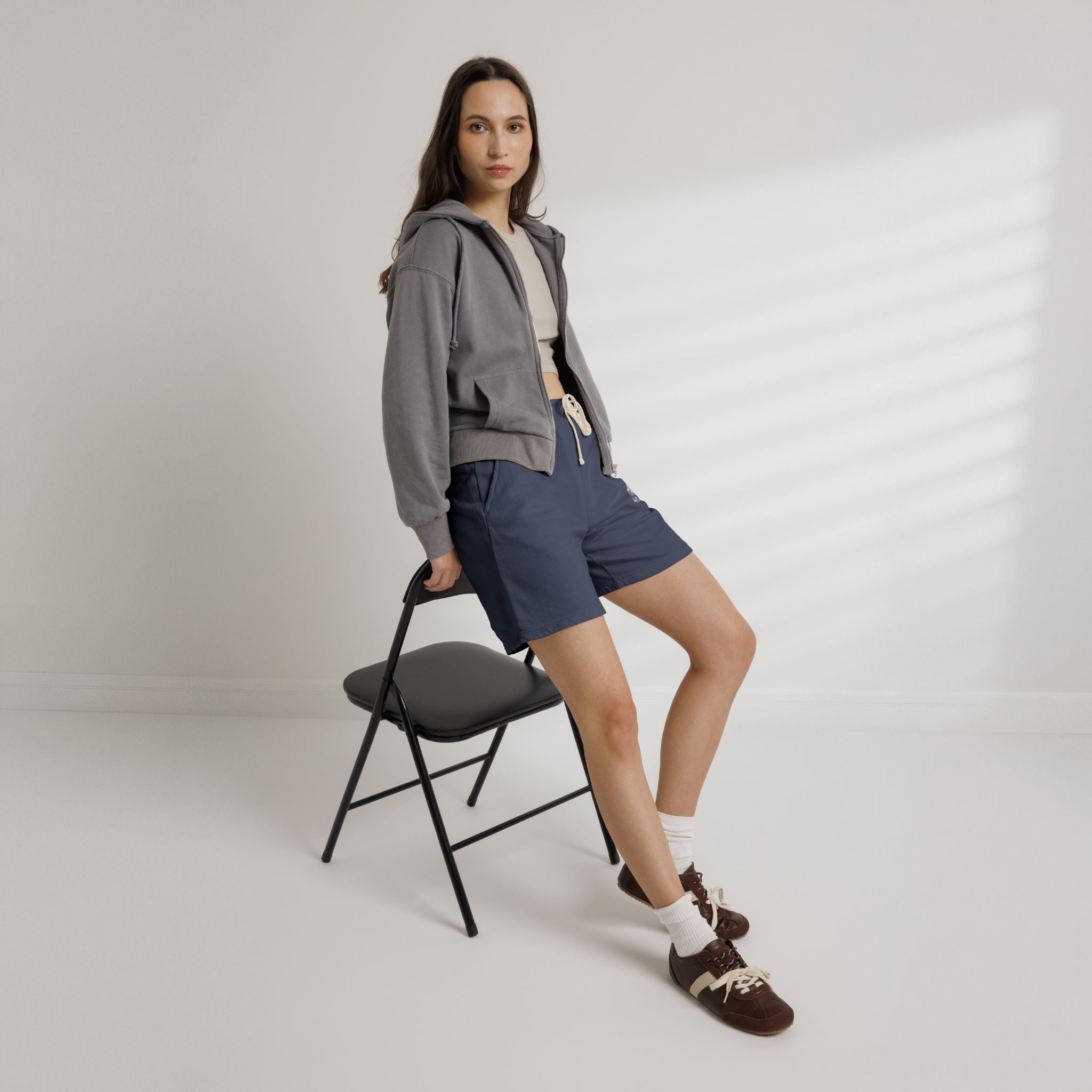 Lightweight Garment-Dyed Fleece Sweat Shorts — Neutral Cream with Subtle Chest 'S' Logo