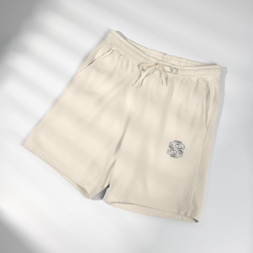 Lightweight Garment-Dyed Fleece Sweat Shorts — Neutral Cream with Subtle Chest 'S' Logo