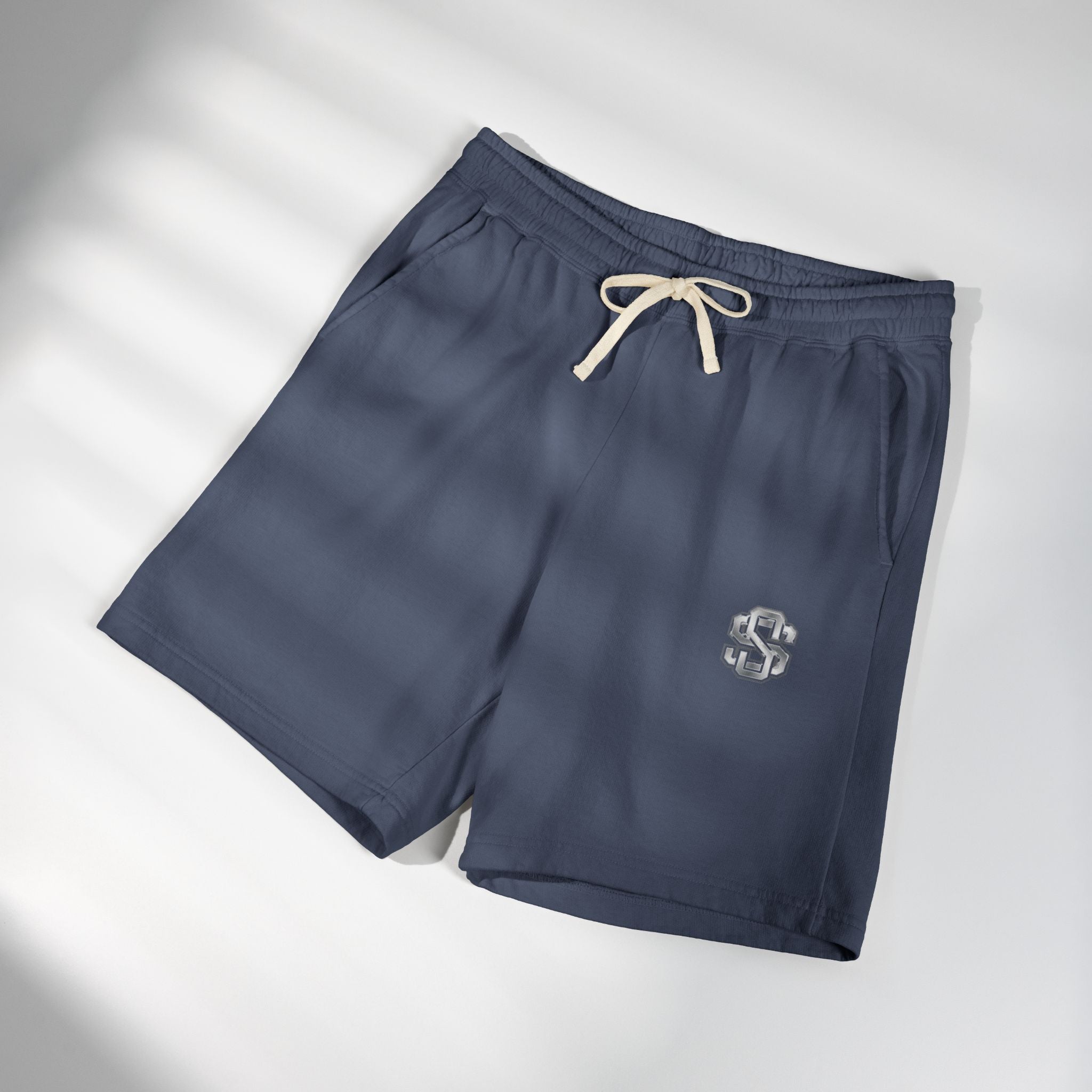Lightweight Garment-Dyed Fleece Sweat Shorts — Neutral Cream with Subtle Chest 'S' Logo