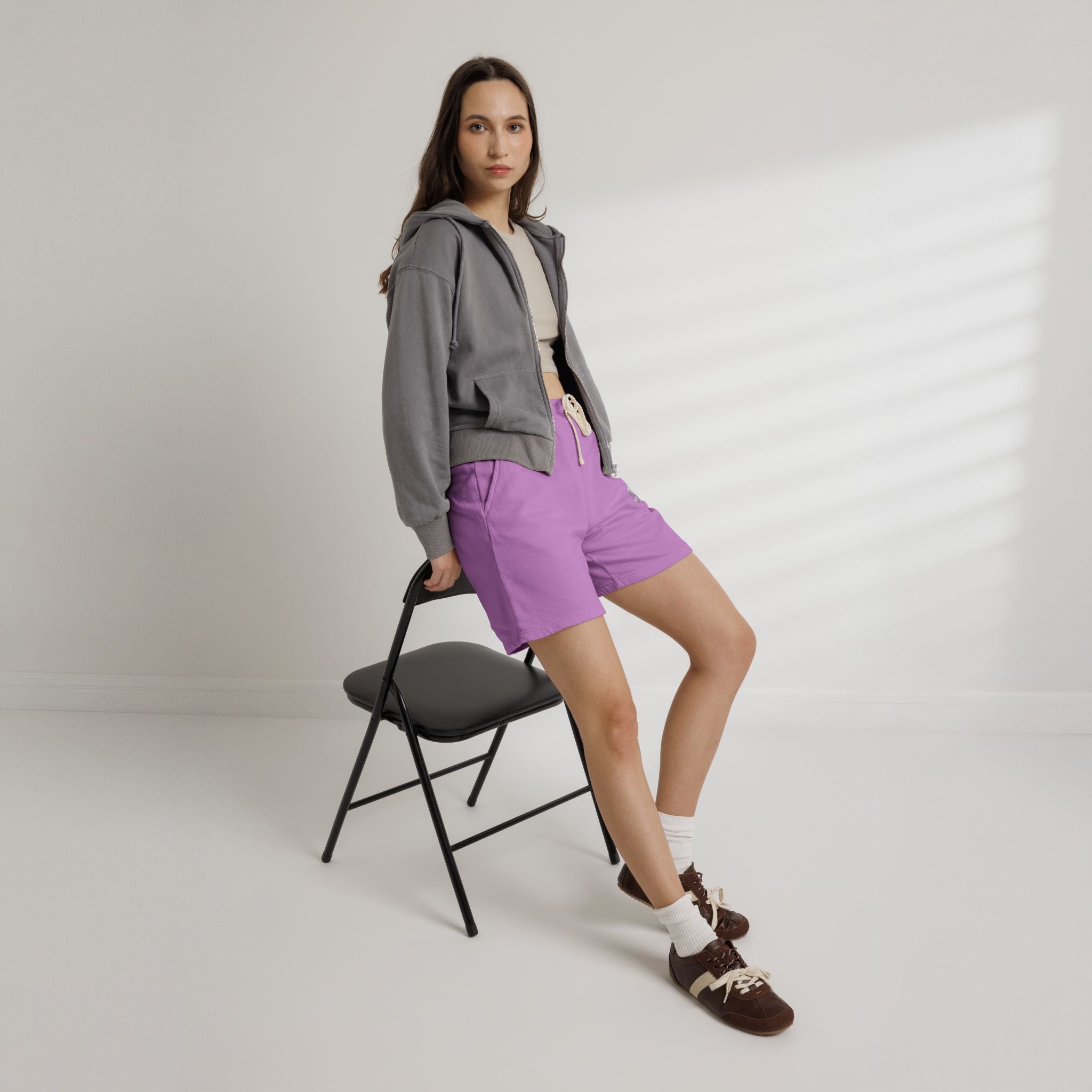 Lightweight Garment-Dyed Fleece Sweat Shorts — Neutral Cream with Subtle Chest 'S' Logo