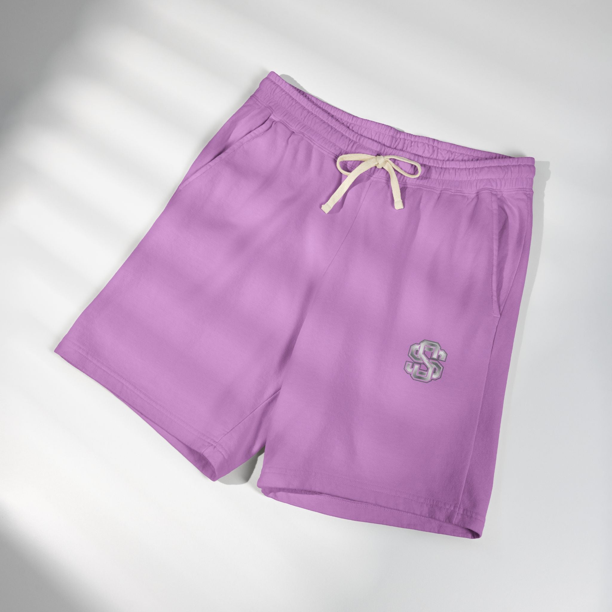 Lightweight Garment-Dyed Fleece Sweat Shorts — Neutral Cream with Subtle Chest 'S' Logo