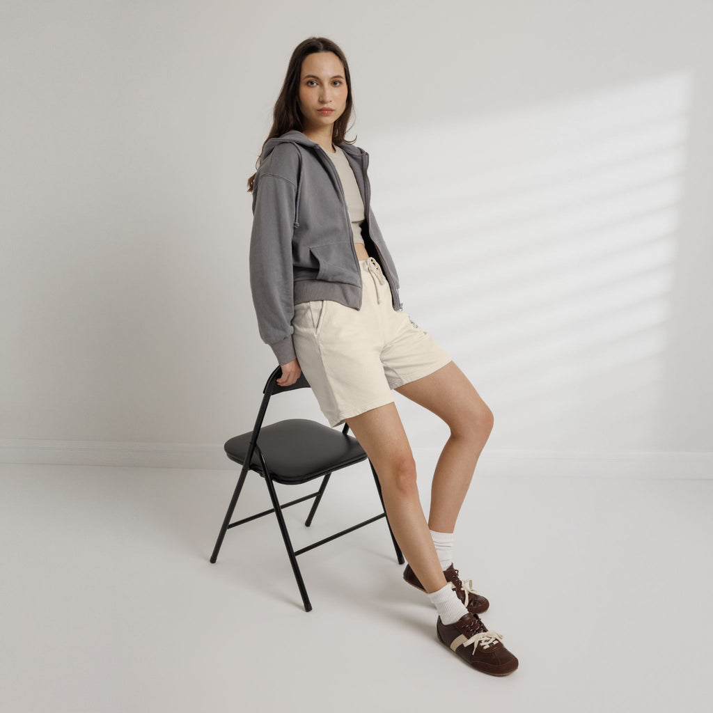 Lightweight Garment-Dyed Fleece Sweat Shorts — Neutral Cream with Subtle Chest 'S' Logo